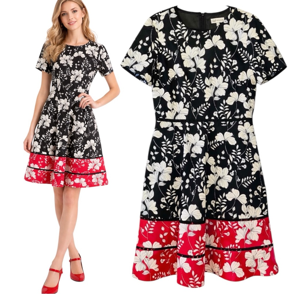 Neiman Marcus Floral Fit & Flare Dress Parisian Euro Chic Wedding Guest Sz 14 ❤️